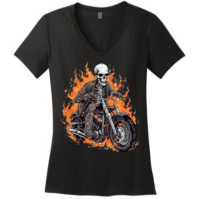 Skeleton Riding Motorcycle Halloween Costume Biker Women's V-Neck T-Shirt