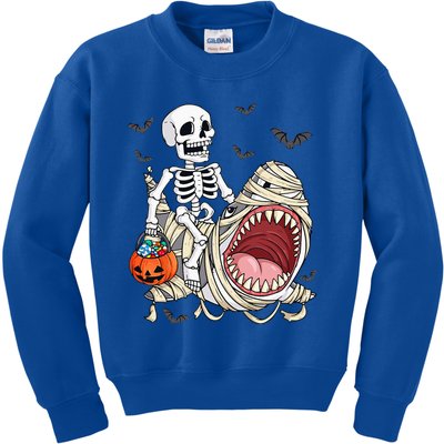 Skeleton Riding Mummy Shark Funny Halloween Pumpkin Kids Sweatshirt