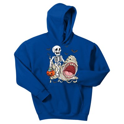 Skeleton Riding Mummy Shark Funny Halloween Pumpkin Kids Hoodie