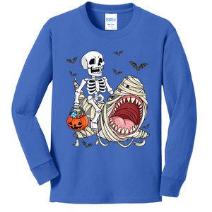 Skeleton Riding Mummy Shark Funny Halloween Pumpkin Kids Long Sleeve Shirt