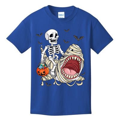 Skeleton Riding Mummy Shark Funny Halloween Pumpkin Kids T-Shirt