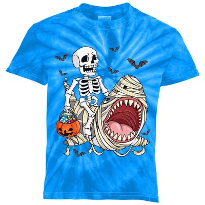 Skeleton Riding Mummy Shark Funny Halloween Pumpkin Kids Tie-Dye T-Shirt