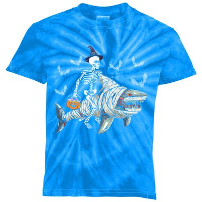 Skeleton Riding Mummy Shark Funny Halloween Pumpkin Witch Gift Kids Tie-Dye T-Shirt