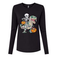 Skeleton Riding Mummy Dinosaur T Rex Halloween Funny Pumpkin Womens Cotton Relaxed Long Sleeve T-Shirt