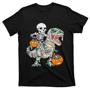 Skeleton Riding Mummy Dinosaur T Rex Halloween Funny Pumpkin T-Shirt