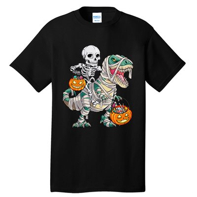 Skeleton Riding Mummy Dinosaur T Rex Halloween Funny Pumpkin Tall T-Shirt