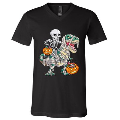 Skeleton Riding Mummy Dinosaur T Rex Halloween Funny Pumpkin V-Neck T-Shirt