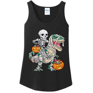 Skeleton Riding Mummy Dinosaur T Rex Halloween Funny Pumpkin Ladies Essential Tank