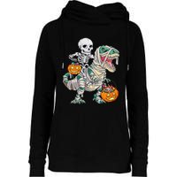 Skeleton Riding Mummy Dinosaur T Rex Halloween Funny Pumpkin Womens Funnel Neck Pullover Hood