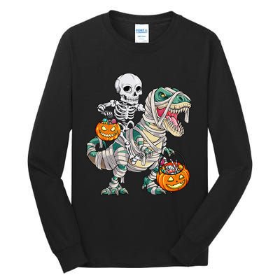 Skeleton Riding Mummy Dinosaur T Rex Halloween Funny Pumpkin Tall Long Sleeve T-Shirt