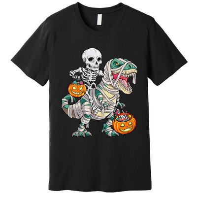 Skeleton Riding Mummy Dinosaur T Rex Halloween Funny Pumpkin Premium T-Shirt