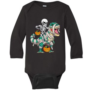 Skeleton Riding Mummy Dinosaur T Rex Kids Funny Halloween Baby Long Sleeve Bodysuit