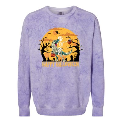 Skeleton Riding Mummy Dinosaur T Rex Halloween Funny Pumpkin Great Gift Colorblast Crewneck Sweatshirt