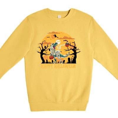 Skeleton Riding Mummy Dinosaur T Rex Halloween Funny Pumpkin Great Gift Premium Crewneck Sweatshirt