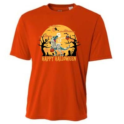 Skeleton Riding Mummy Dinosaur T Rex Halloween Funny Pumpkin Great Gift Cooling Performance Crew T-Shirt