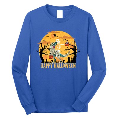 Skeleton Riding Mummy Dinosaur T Rex Halloween Funny Pumpkin Great Gift Long Sleeve Shirt