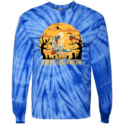 Skeleton Riding Mummy Dinosaur T Rex Halloween Funny Pumpkin Great Gift Tie-Dye Long Sleeve Shirt