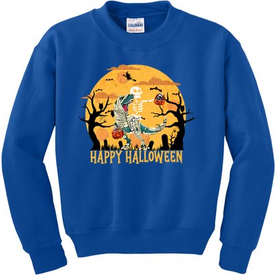 Skeleton Riding Mummy Dinosaur T Rex Halloween Funny Pumpkin Great Gift Kids Sweatshirt