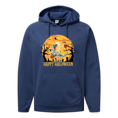 Skeleton Riding Mummy Dinosaur T Rex Halloween Funny Pumpkin Great Gift Performance Fleece Hoodie