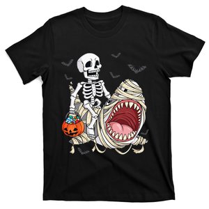 Skeleton Riding Mummy Shark Funny Halloween Pumpkin Kids T-Shirt