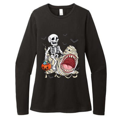 Skeleton Riding Mummy Shark Funny Halloween Pumpkin Kids Womens CVC Long Sleeve Shirt