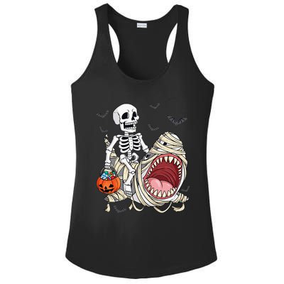 Skeleton Riding Mummy Shark Funny Halloween Pumpkin Kids Ladies PosiCharge Competitor Racerback Tank