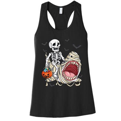 Skeleton Riding Mummy Shark Funny Halloween Pumpkin Kids Women's Racerback Tank