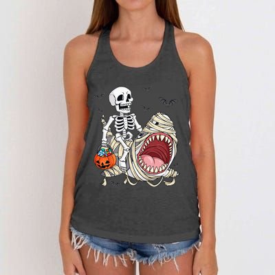 Skeleton Riding Mummy Shark Funny Halloween Pumpkin Kids Women's Knotted Racerback Tank