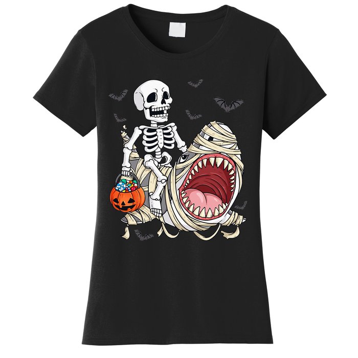 Skeleton Riding Mummy Shark Funny Halloween Pumpkin Kids Women's T-Shirt