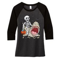 Skeleton Riding Mummy Shark Funny Halloween Pumpkin Kids Women's Tri-Blend 3/4-Sleeve Raglan Shirt