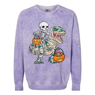 Skeleton Riding Mummy Dinosaur T Rex Halloween Funny Pumpkin Colorblast Crewneck Sweatshirt