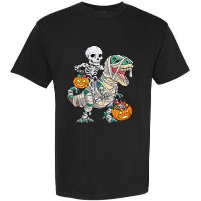 Skeleton Riding Mummy Dinosaur T Rex Halloween Funny Pumpkin Garment-Dyed Heavyweight T-Shirt