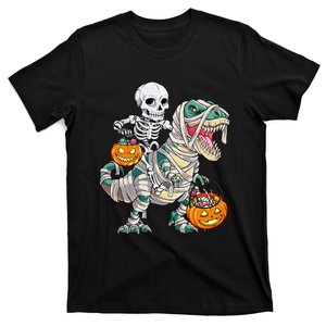 Skeleton Riding Mummy Dinosaur T Rex Halloween Funny Pumpkin T-Shirt