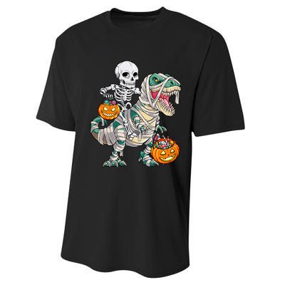 Skeleton Riding Mummy Dinosaur T Rex Halloween Funny Pumpkin Performance Sprint T-Shirt