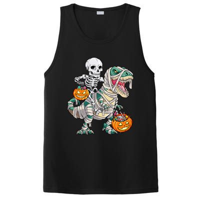 Skeleton Riding Mummy Dinosaur T Rex Halloween Funny Pumpkin PosiCharge Competitor Tank