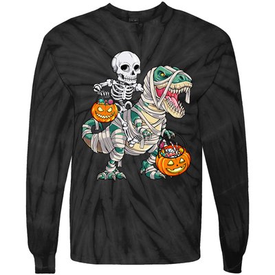 Skeleton Riding Mummy Dinosaur T Rex Halloween Funny Pumpkin Tie-Dye Long Sleeve Shirt