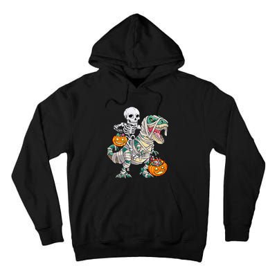 Skeleton Riding Mummy Dinosaur T Rex Halloween Funny Pumpkin Tall Hoodie