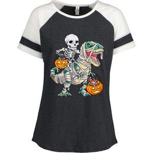 Skeleton Riding Mummy Dinosaur T Rex Halloween Funny Pumpkin Enza Ladies Jersey Colorblock Tee