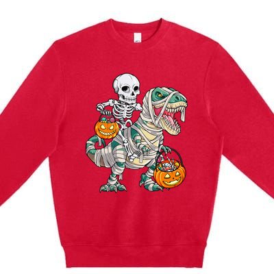 Skeleton Riding Mummy Dinosaur T Rex Halloween Funny Pumpkin Premium Crewneck Sweatshirt