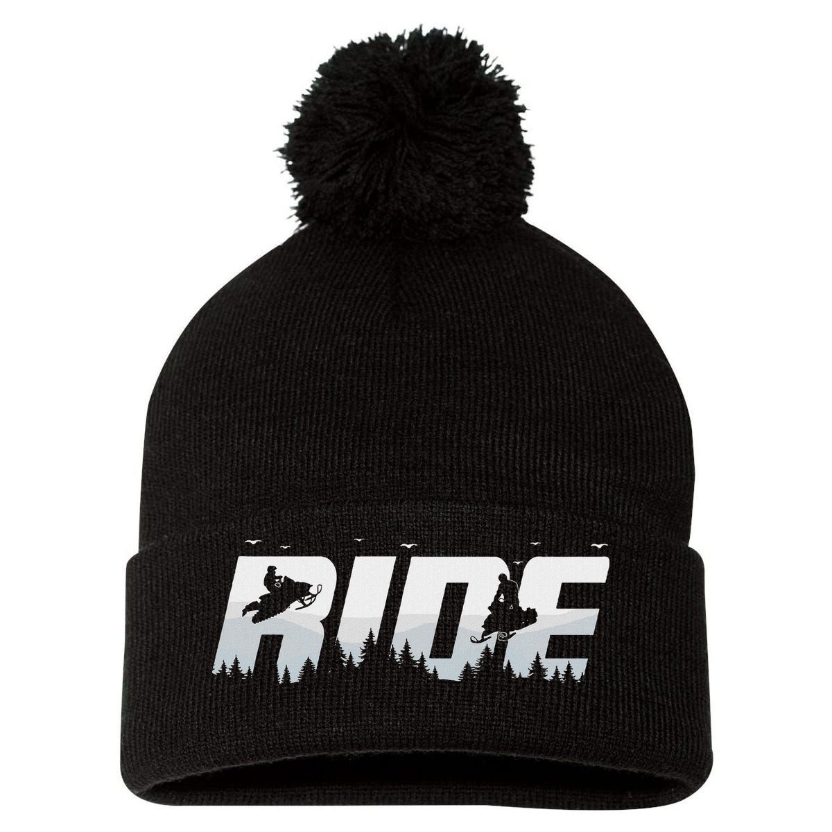 Snowmobile Ride Motor Sled Racing Winter Mountain Sports Fan Pom Pom 12in Knit Beanie