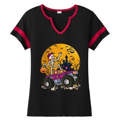 Skeleton Riding Monster Truck Halloween Costume Matching Ladies Halftime Notch Neck Tee