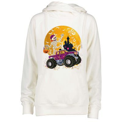 Skeleton Riding Monster Truck Halloween Costume Matching Womens Funnel Neck Pullover Hood