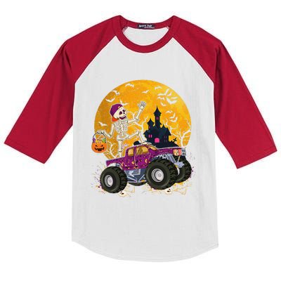 Skeleton Riding Monster Truck Halloween Costume Matching Kids Colorblock Raglan Jersey