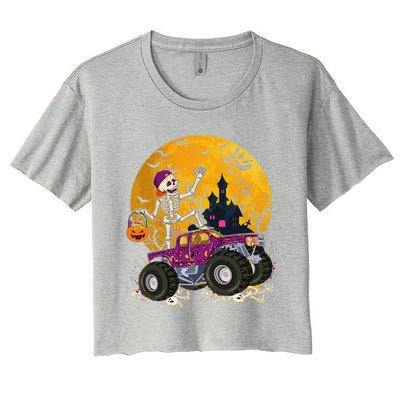 Skeleton Riding Monster Truck Halloween Costume Matching Women's Crop Top Tee