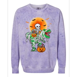 Skeleton Riding Mummy Dinosaur T Rex Halloween Funny Pumpkin Gift Colorblast Crewneck Sweatshirt