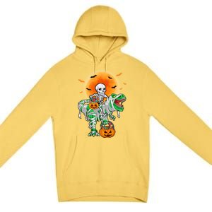 Skeleton Riding Mummy Dinosaur T Rex Halloween Funny Pumpkin Gift Premium Pullover Hoodie