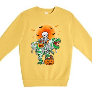 Skeleton Riding Mummy Dinosaur T Rex Halloween Funny Pumpkin Gift Premium Crewneck Sweatshirt