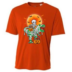 Skeleton Riding Mummy Dinosaur T Rex Halloween Funny Pumpkin Gift Cooling Performance Crew T-Shirt