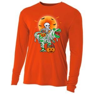 Skeleton Riding Mummy Dinosaur T Rex Halloween Funny Pumpkin Gift Cooling Performance Long Sleeve Crew