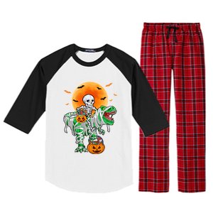 Skeleton Riding Mummy Dinosaur T Rex Halloween Funny Pumpkin Gift Raglan Sleeve Pajama Set